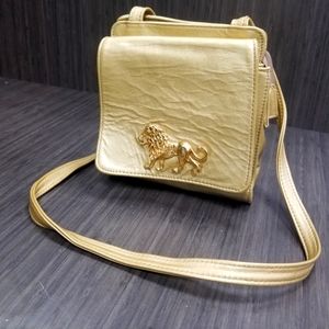 Vtg Atalla Handcrafted Gold tone Leather Crossbody Purse w/ 3D Metal Lion Figure